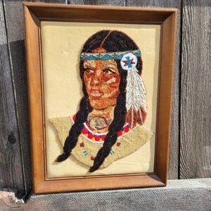 Vintage Framed Native American Woman Image Fiber Art Crewel Needlework